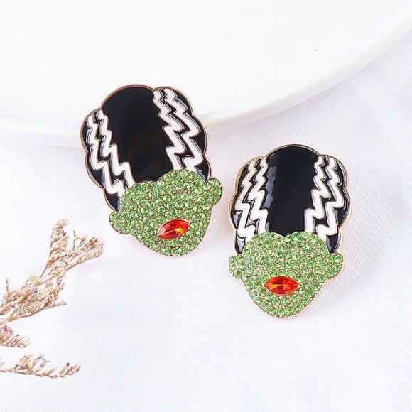 Frankenstein’s Bride Rhinestone Studded Halloween Earrings - Picture 5 of 9